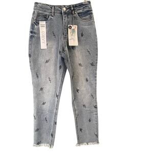 Tinseltown Hi Rise Mom Jeans Snake Serpent Embroidery Size 7 Curvy Raw Hem NEW